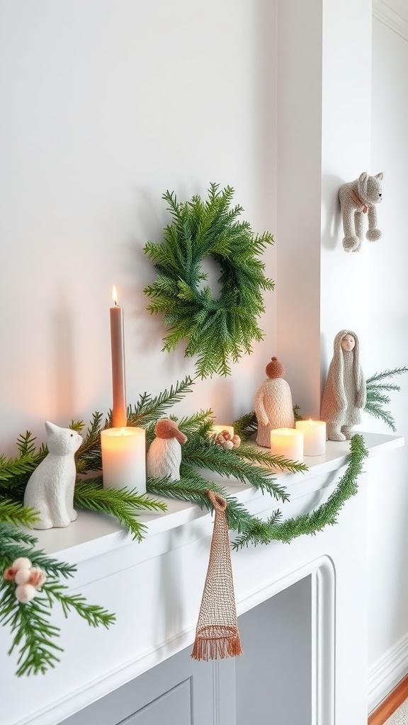 A minimalist holiday mantel styled with evergreen garland, candles, and decorative figures.
