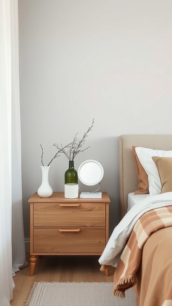 A minimal nightstand with a wooden finish, a white vase, a green bottle, and a small mirror.