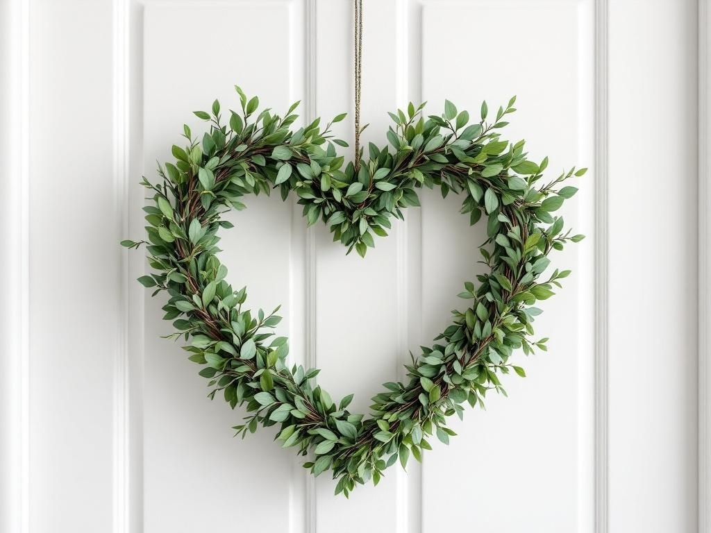 A heart-shaped wreath made of greenery hanging on a white door.