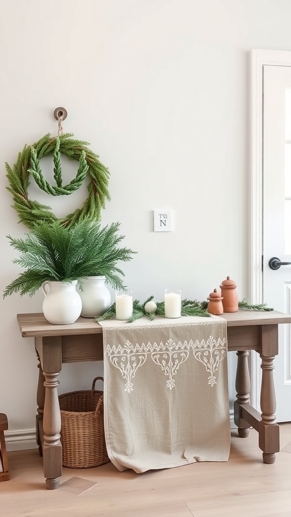 A minimal Scandinavian entryway table with greenery, white candles, and a natural linen runner.