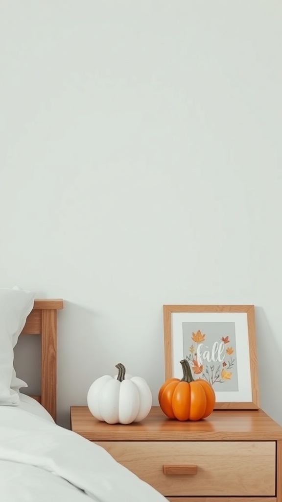 A cozy fall bedroom decor featuring white and orange pumpkins on a nightstand next to a framed print that says 'fall'.
