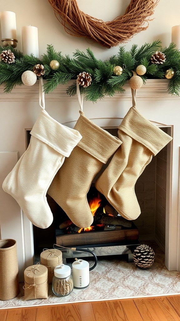 Three minimal stockings in neutral tones hanging above a fireplace, decorated with a festive garland.