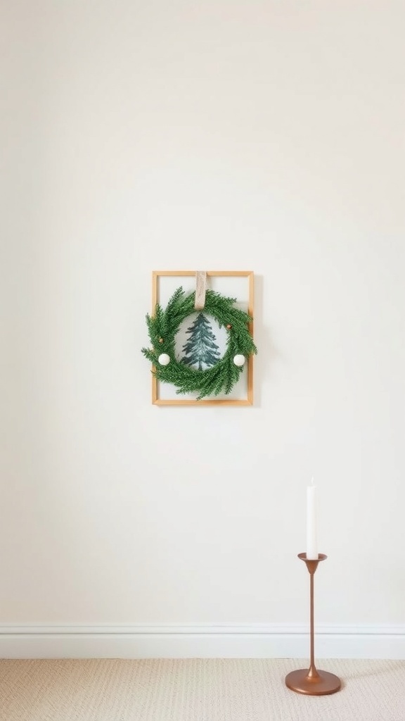 A minimalist wall decor featuring a wreath in a frame and a candle holder.