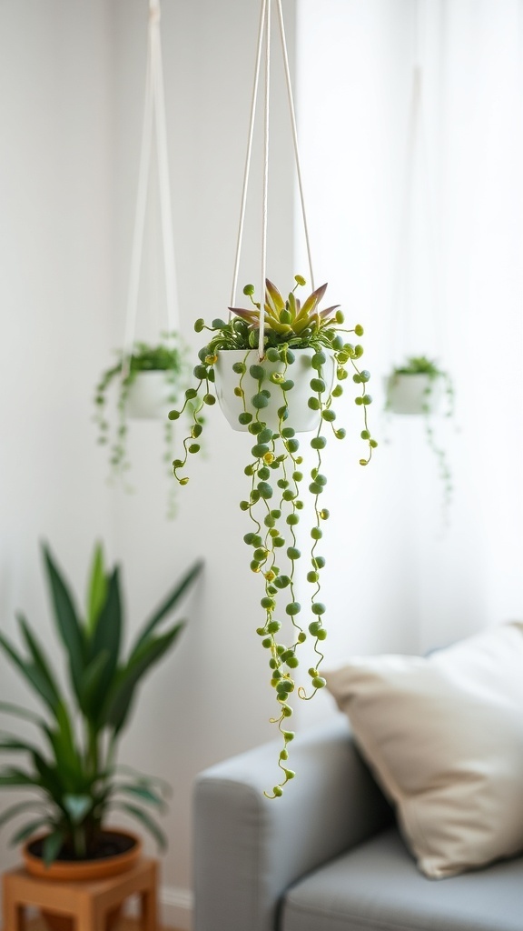 Three minimalist ceramic hanging planters with trailing plants in a bright room