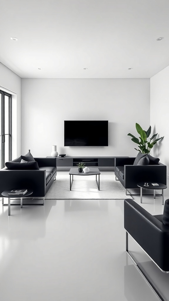 A minimalist living room featuring black sofas and a coffee table against light walls and flooring.