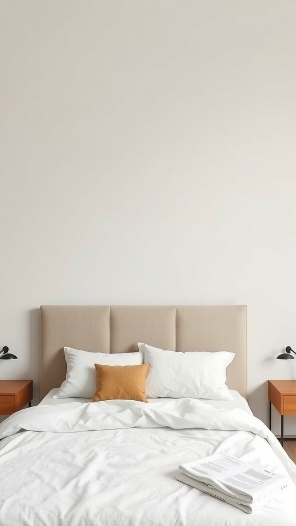 Minimalist bedroom with a soft upholstered headboard and neutral decor