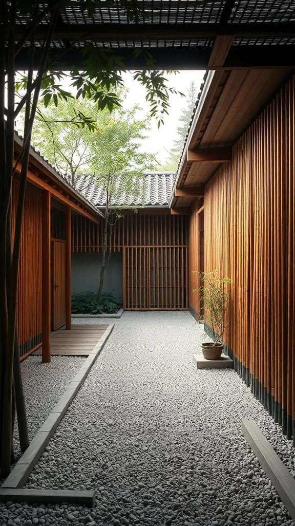 A minimalist bamboo and gravel retreat featuring bamboo structures and smooth gravel pathways.