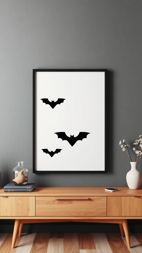 Minimalist bat wall art featuring black bats on a white background in a modern setting.