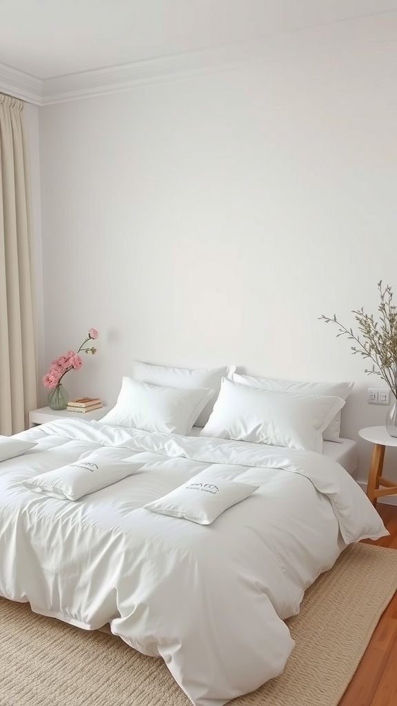 A minimalist bedroom featuring a white bed with blush pillows and a light rug, complemented by black accents.