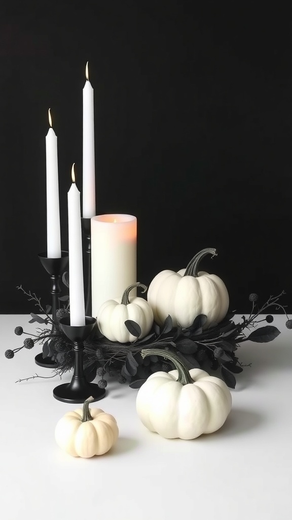 A minimalist Halloween centerpiece featuring white pumpkins and black candles on a dark background.