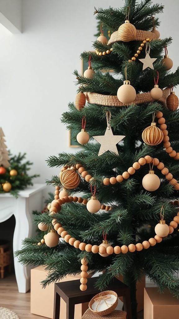 A minimalist Christmas tree decorated with wooden beads and simple ornaments, showcasing a cozy and natural aesthetic.