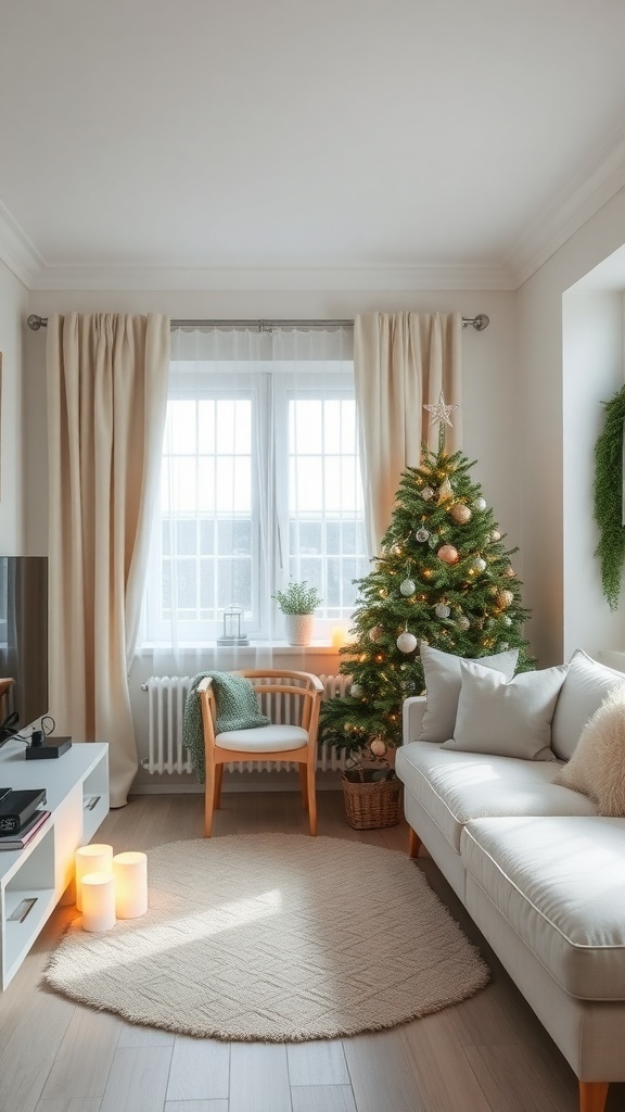 A cozy living room decorated for Christmas with a small tree, light-colored furniture, and soft textures.