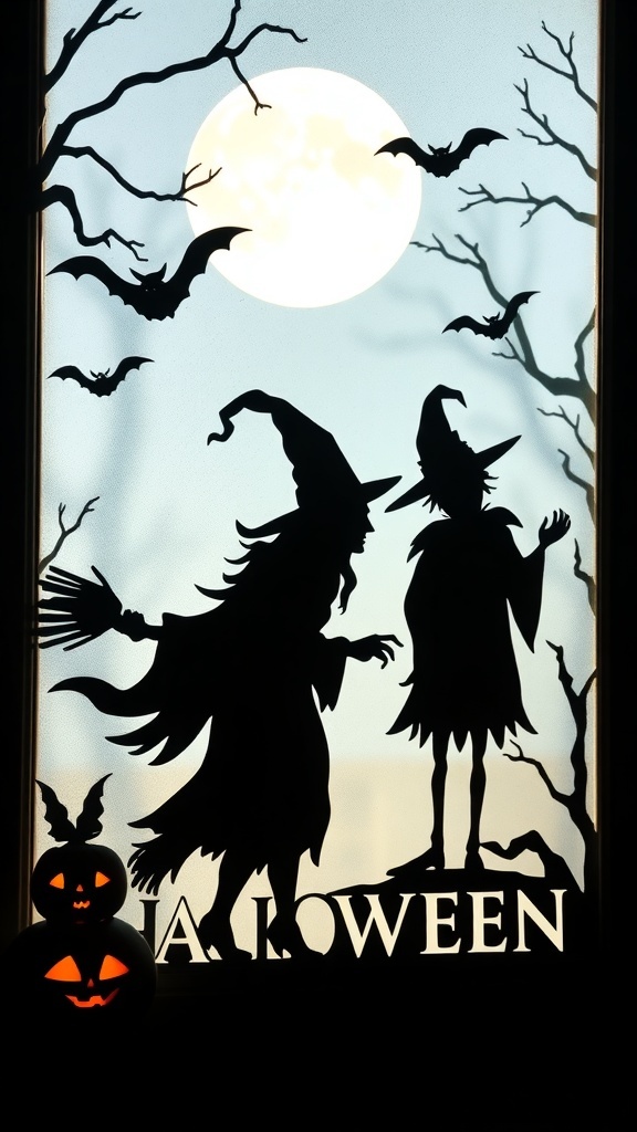 Silhouettes of witches and bats against a full moon, with Halloween pumpkins in the foreground.