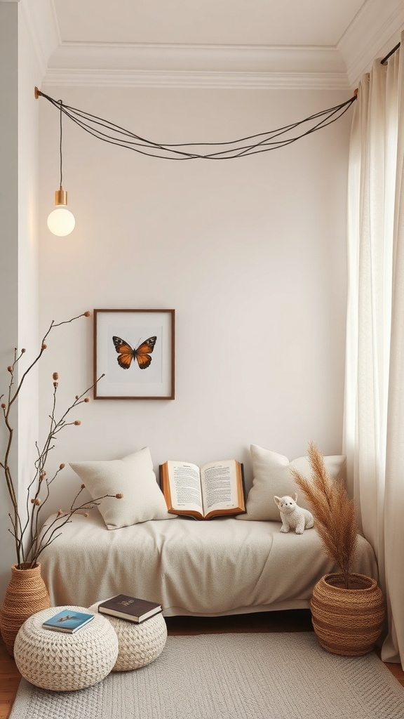 A cozy nursery corner with a soft armchair, wooden book ledges, and a glowing 'Story Time' wall sign, featuring natural textures and neutral tones.