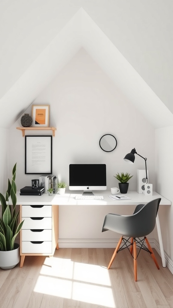 A minimalist triangular desk nook with wooden shelves, a computer, and plants.
