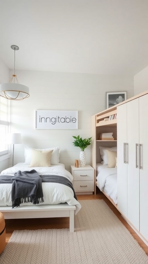 A minimalist shared bedroom featuring two beds, a nightstand, and built-in storage, designed to reduce clutter.