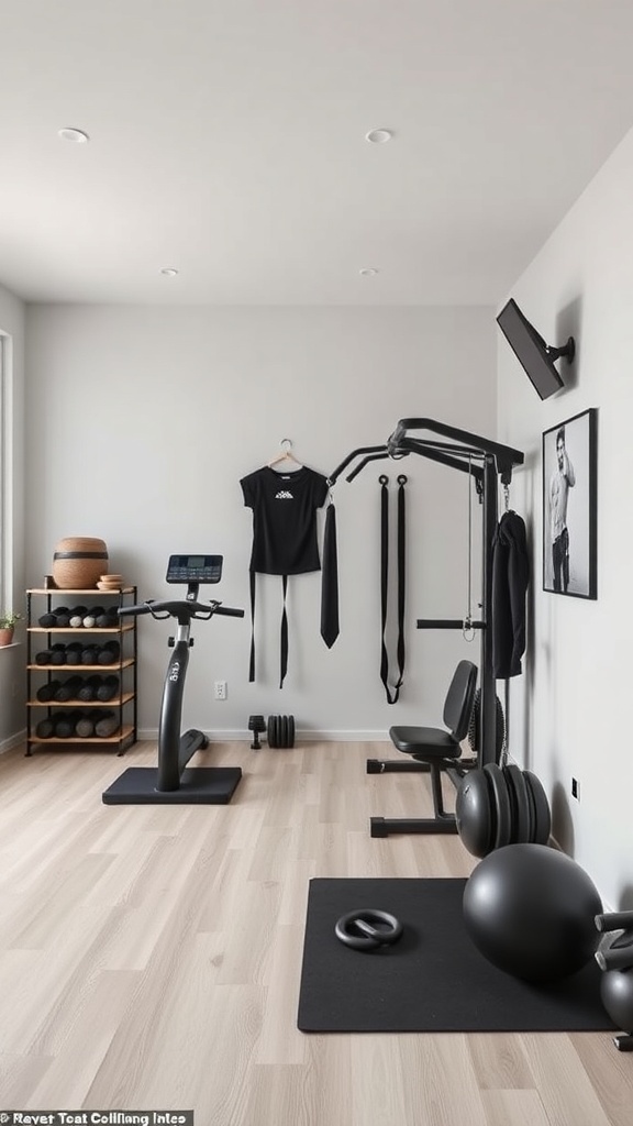 A minimalist home gym featuring a stationary bike, weight bench, and free weights in a clean, organized space.