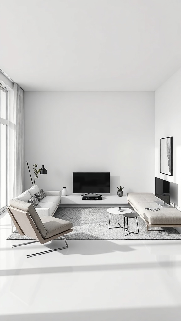 A minimalist living room featuring a neutral color palette, modern furniture, and large windows.