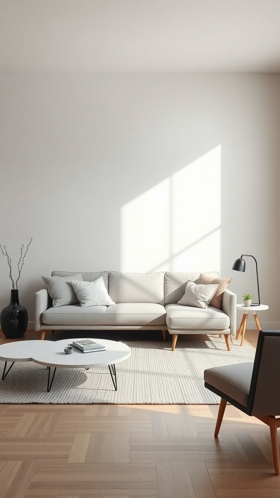 A minimalist living room featuring a light-colored couch, a coffee table, and natural light streaming in.