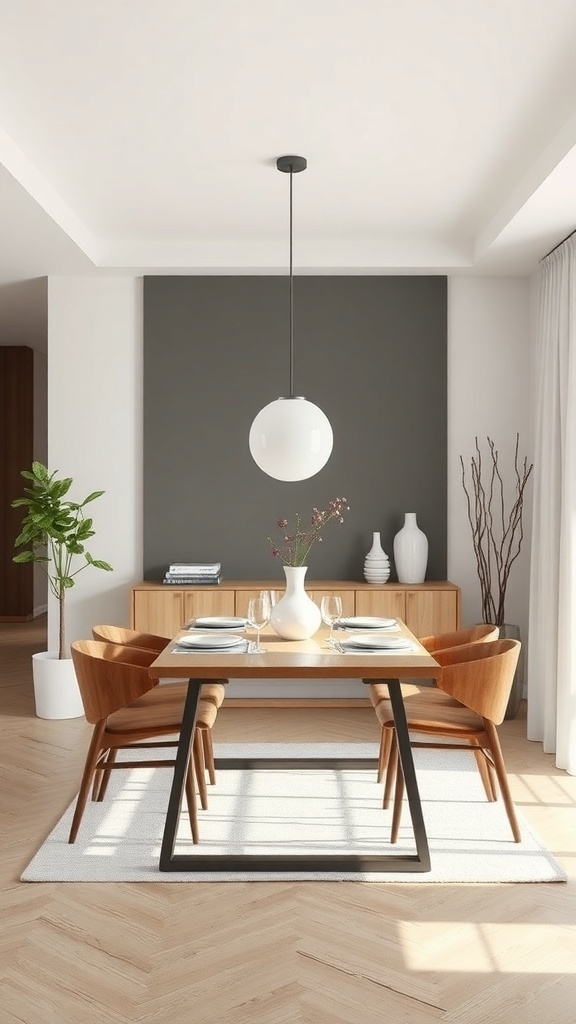 A modern dining room featuring a round wooden table, sleek fabric chairs, and a pendant light fixture, with earthy tones and minimalist decor.