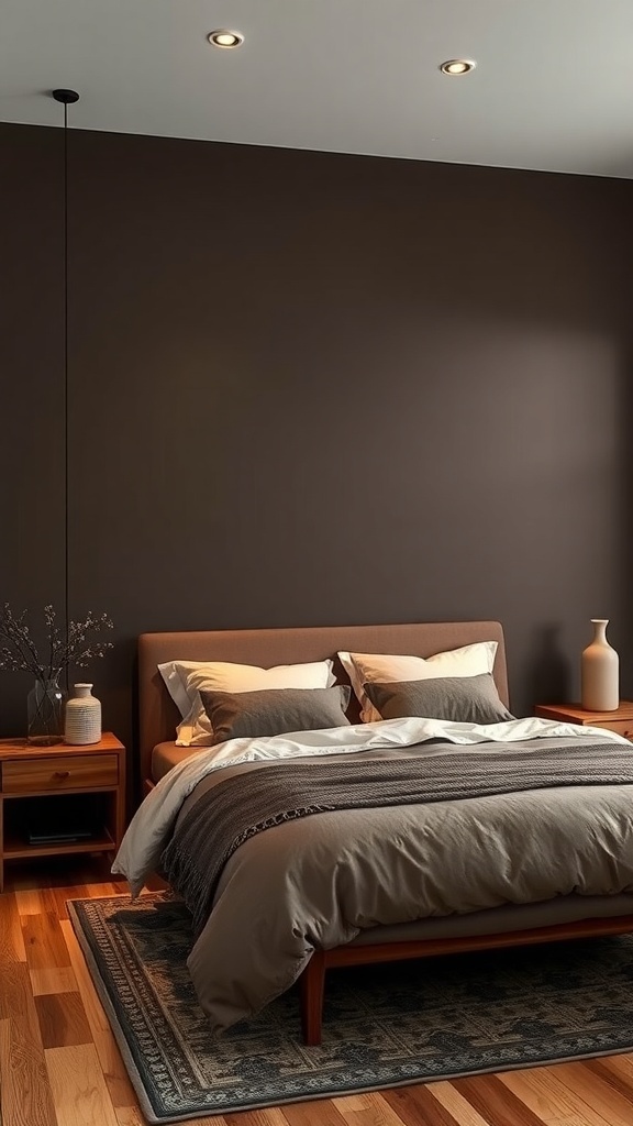 A minimalist bedroom featuring chocolate brown walls, a wooden bed frame, and soft bedding, creating a cozy atmosphere.
