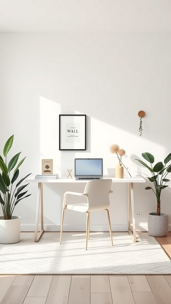 A minimalist feminine home office with a white desk, laptop, plants, and decorative items.