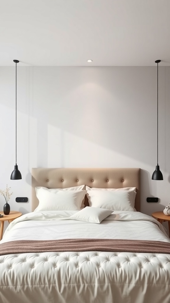 A minimalist floating headboard in a modern bedroom, featuring a soft tufted design and pendant lighting.