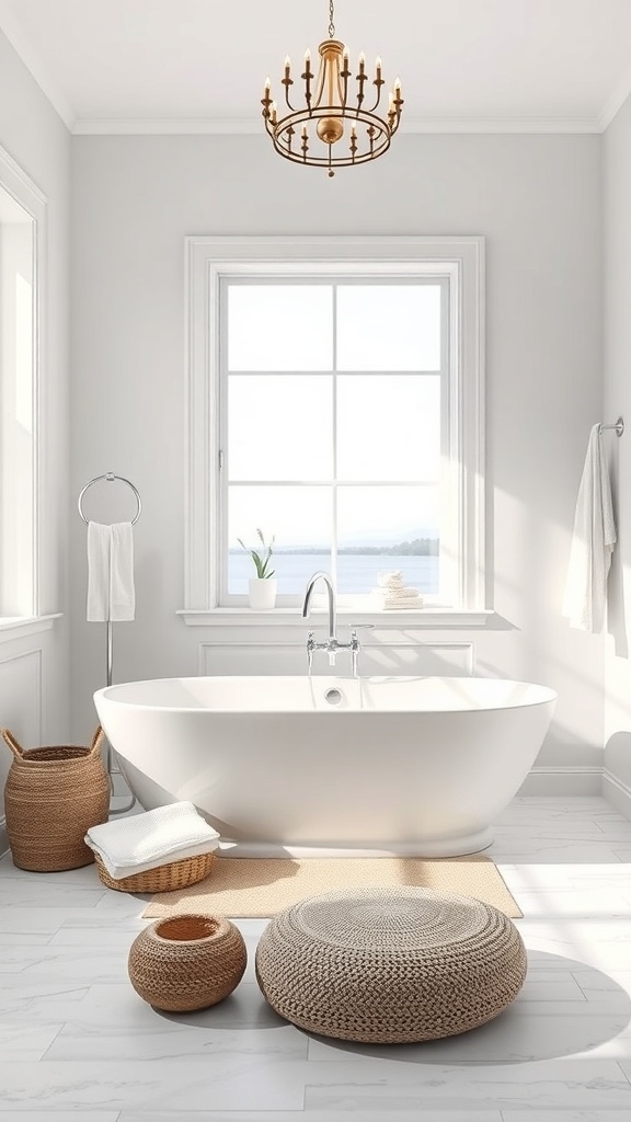 A contemporary bathroom featuring a minimalist freestanding tub, natural textures, and a serene coastal vibe.