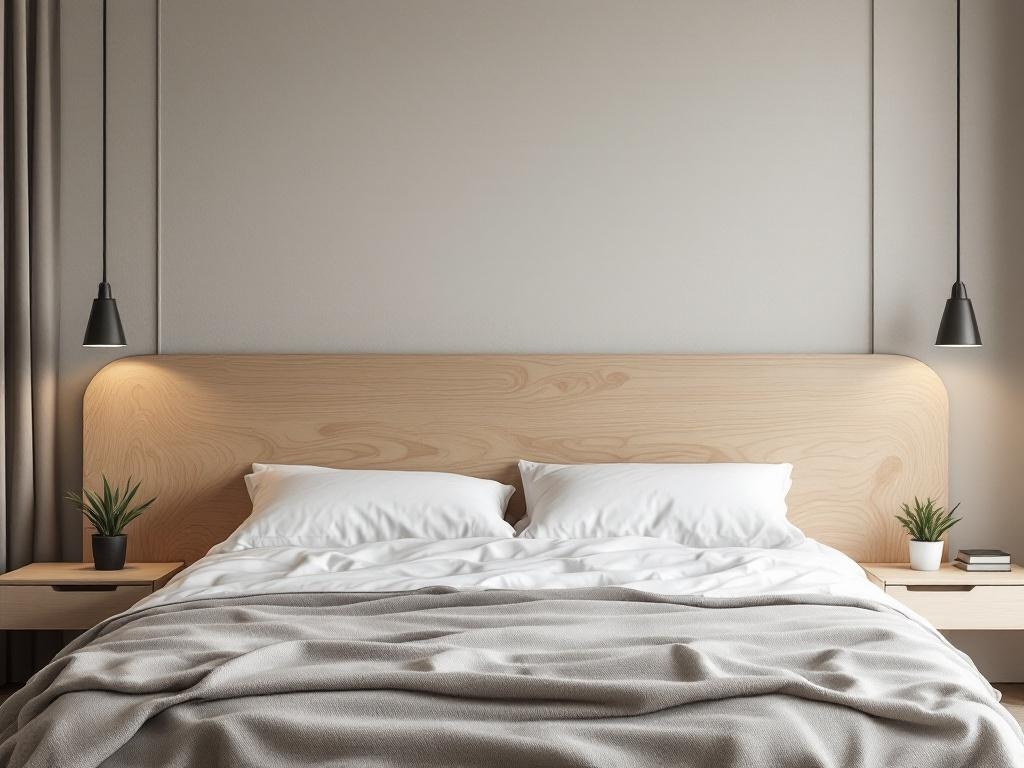 A minimalist full-panel plywood headboard in a modern bedroom setting with soft bedding and pendant lights.