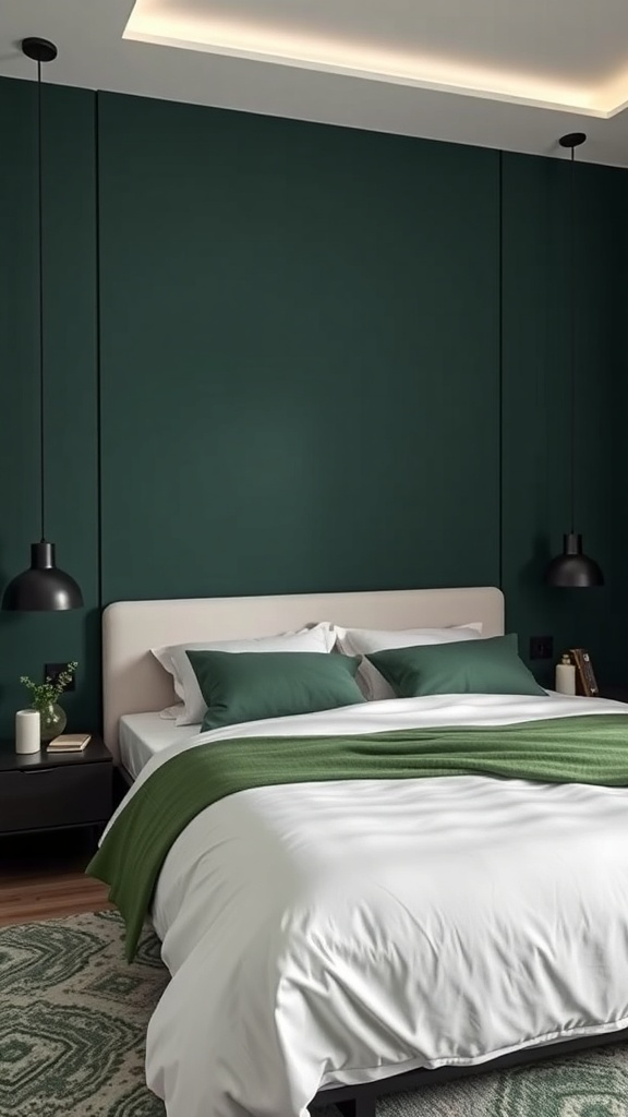 A modern minimalist bedroom featuring moody green decor, sleek furniture, and warm wood flooring.