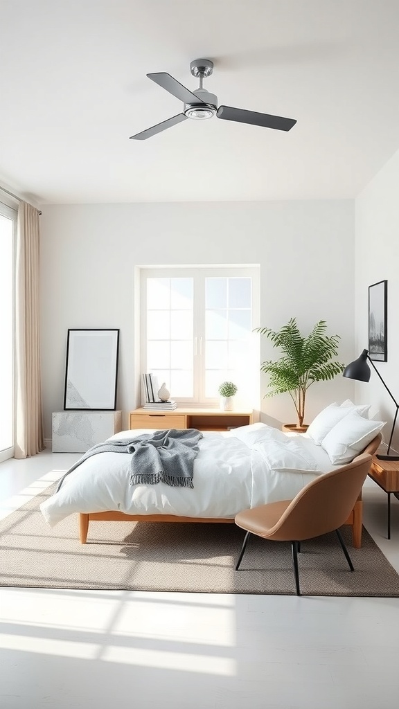 A minimalist bedroom featuring a simple bed, wooden furniture, and natural light.