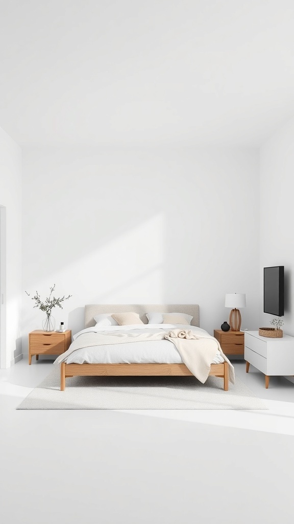 A minimalist bedroom featuring a light wood bedframe, simple nightstands, and a cozy bedding arrangement.