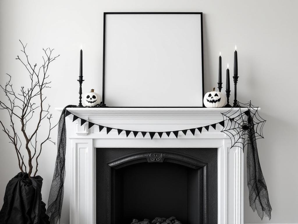 Minimalist Halloween fireplace mantel with black candles, pumpkins, and spider web decor