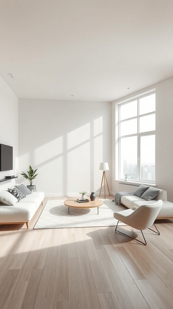 A minimalist I-shaped living room with light walls, wooden flooring, and modern furniture.