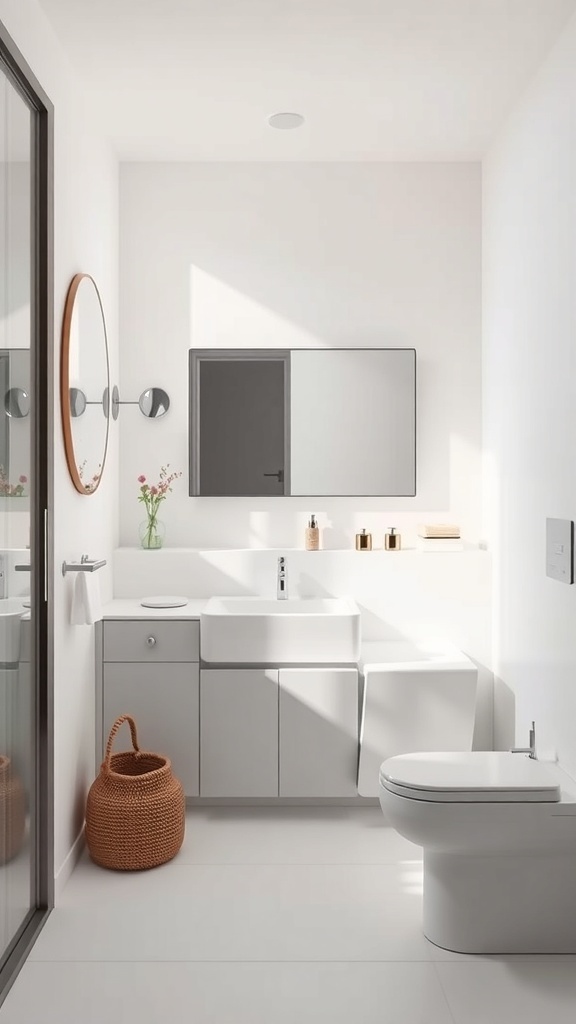 A modern minimalist bathroom with a sleek design, featuring a glass divider, round mirror, and neutral colors.