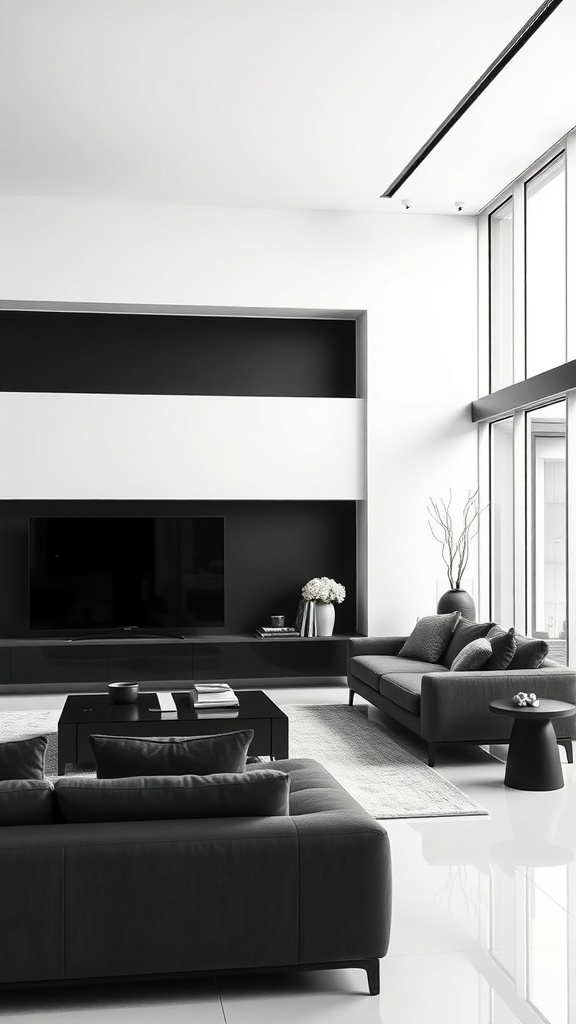 A minimalist living room featuring light neutrals and black accents, showcasing a modern design with clean lines and spacious layout.