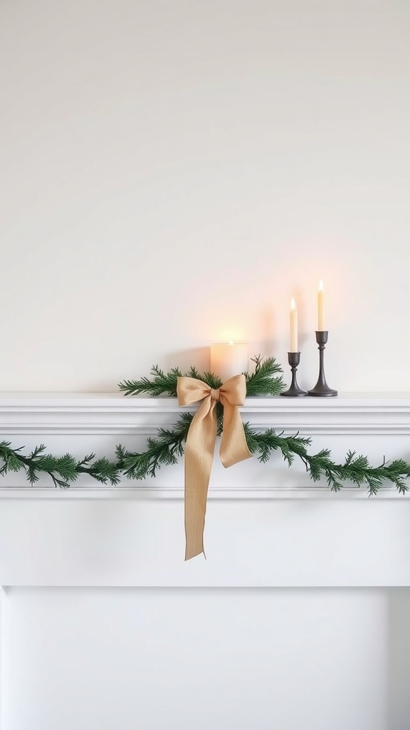 A minimalist Christmas mantel decorated with a green garland, neutral bow, and flickering candles.