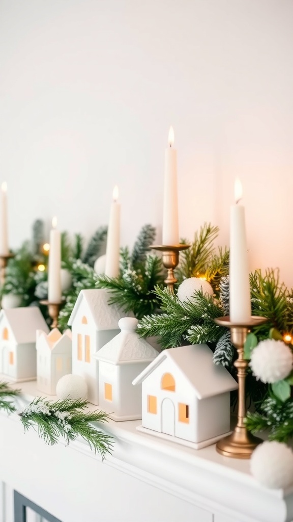 A minimalist Christmas mantle decorated with white ceramic houses, greenery, and candles.