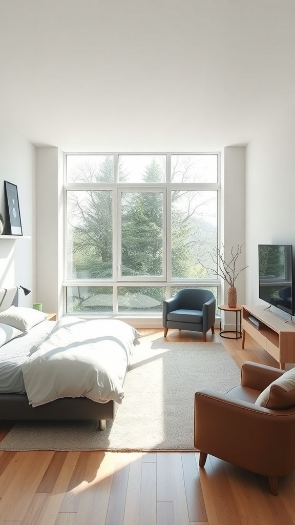 A minimalist modern bedroom featuring large windows, a neutral color palette, and simple furniture.