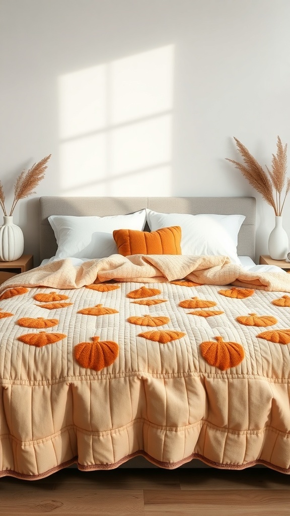 A minimalist modern quilt featuring orange pumpkin motifs on a light background, draped over a bed with neutral pillows.