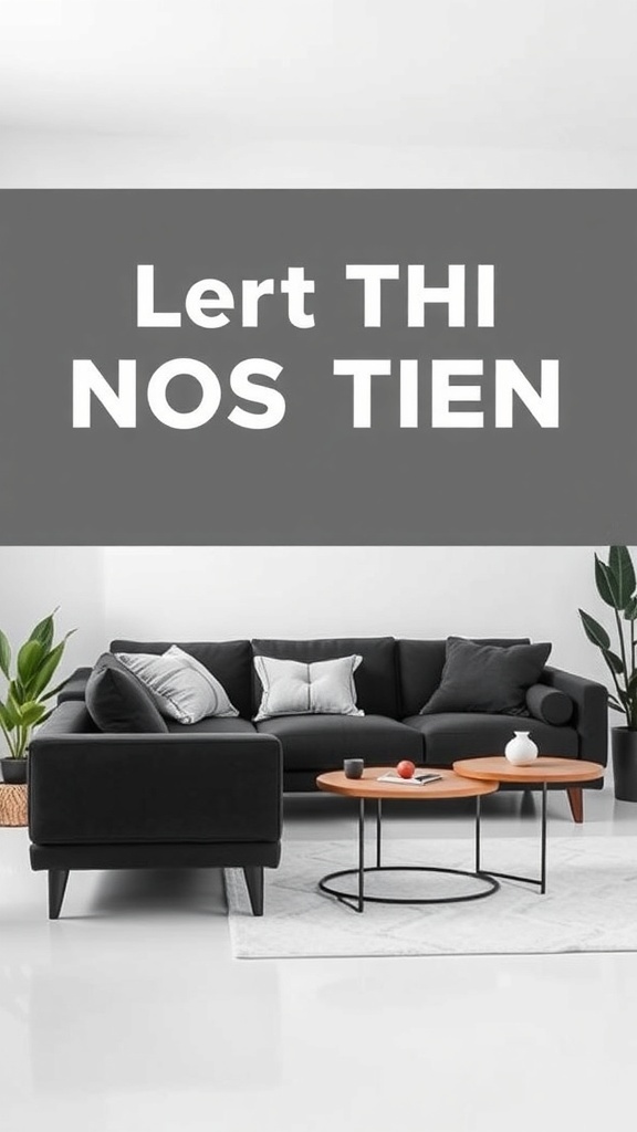 A modern living room featuring a black sofa, round wooden coffee table, and green plants.