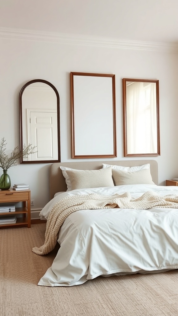 A cozy minimalist bedroom featuring a bed with white linens, a chunky knit throw, and wooden framed mirrors on the wall.
