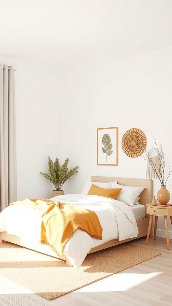 Minimalist bedroom with white walls, mustard throw, terracotta accents, and natural decor.