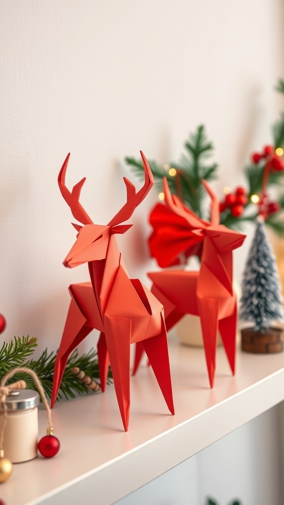 Two minimalist origami reindeer in red, displayed on a shelf with holiday decorations.