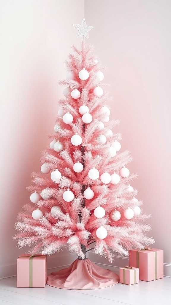 A minimalist pink Christmas tree with white ornaments and pink gifts underneath.