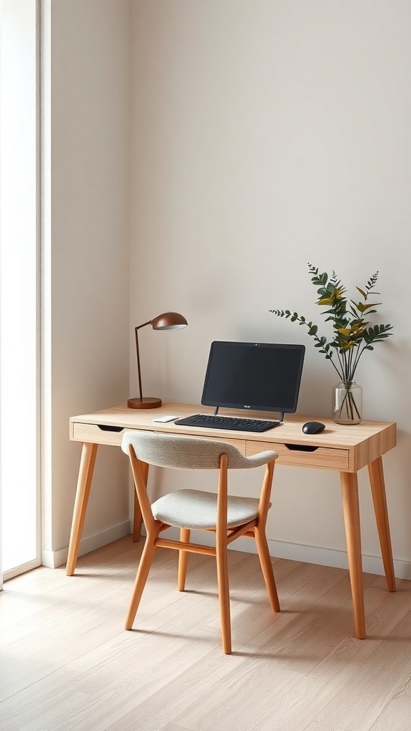 A minimalist Scandinavian corner desk with a wooden desk, a chair, a computer, and a plant.