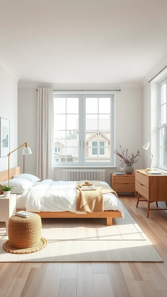 A minimalist Scandinavian bedroom featuring a wooden bed, soft bedding, and natural light from large windows.