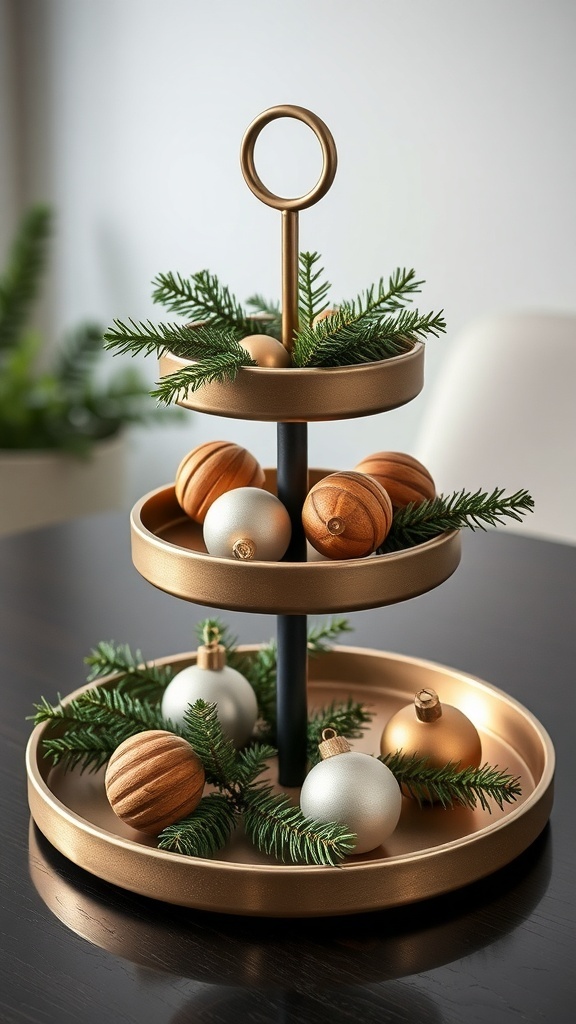 A tiered tray decorated in a minimalist Scandinavian style with wooden ornaments and greenery.