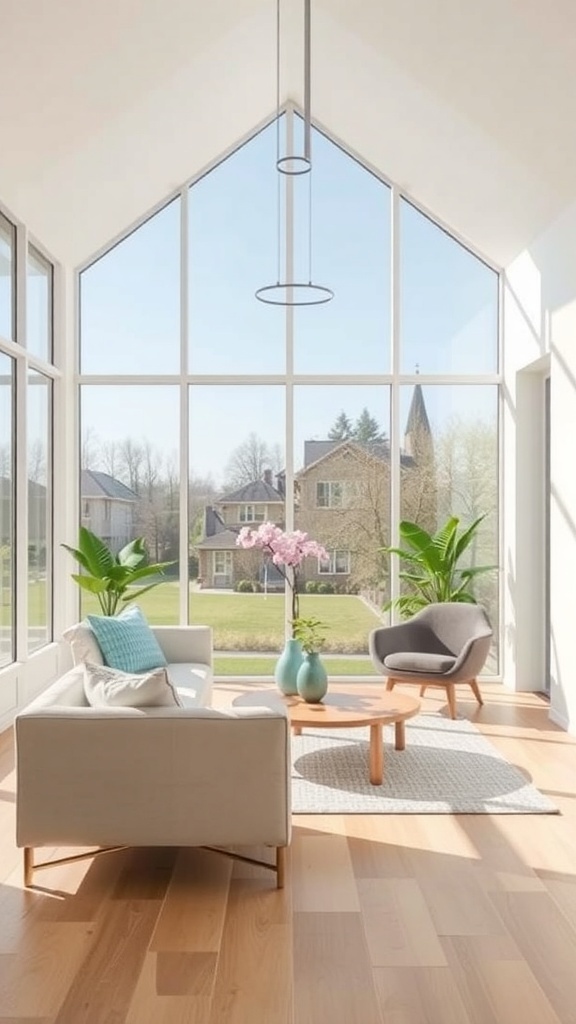 A bright minimalist sunroom featuring large windows, sleek furniture, and decorative plants.