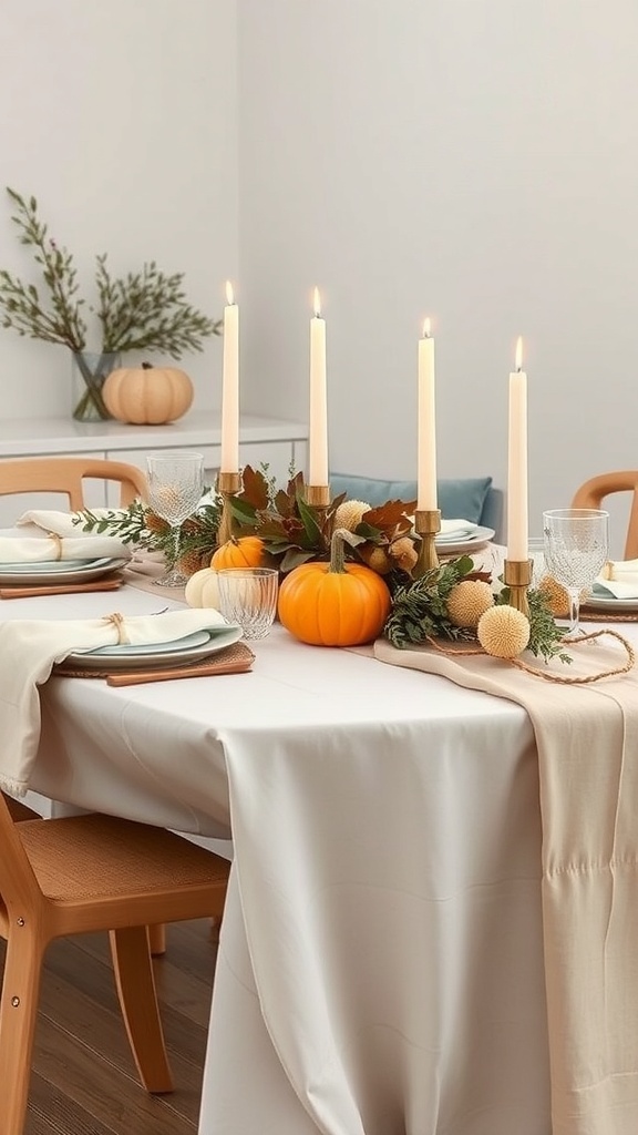 A minimalist Thanksgiving table setting featuring a white tablecloth, candles, pumpkins, and greenery.